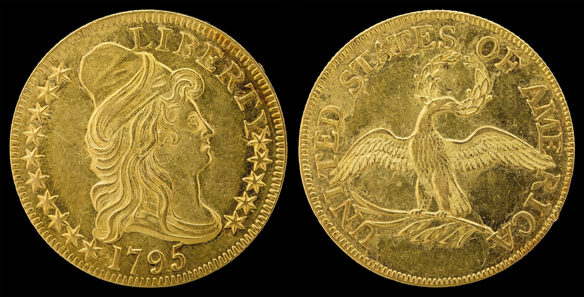 1795 Capped Bust half eagle with small eagle, obverse and reverse. National Numismatic Collection.