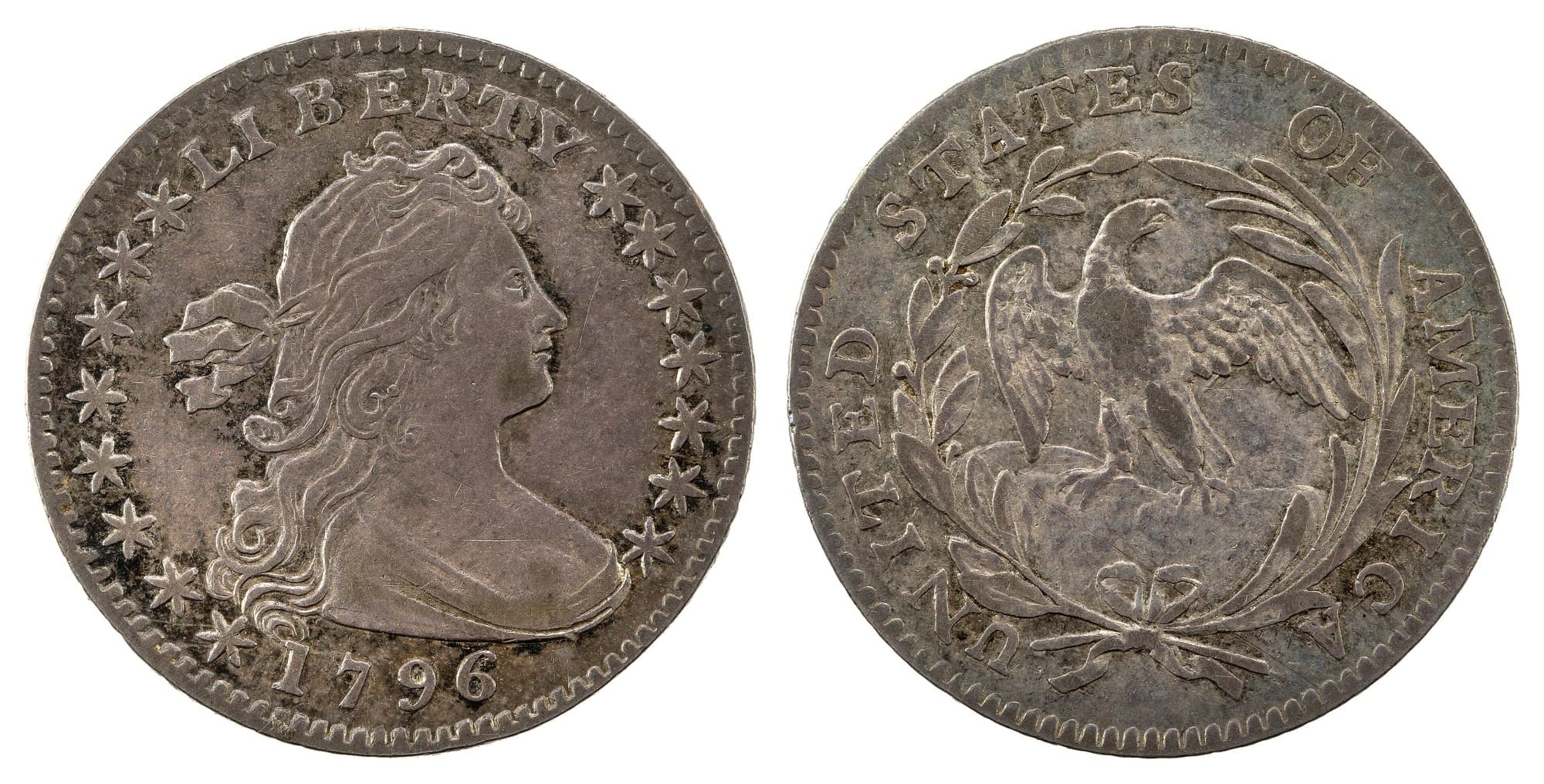 1796 Draped Bust half dime with small eagle, obverse and reverse. National Numismatic Collection.
