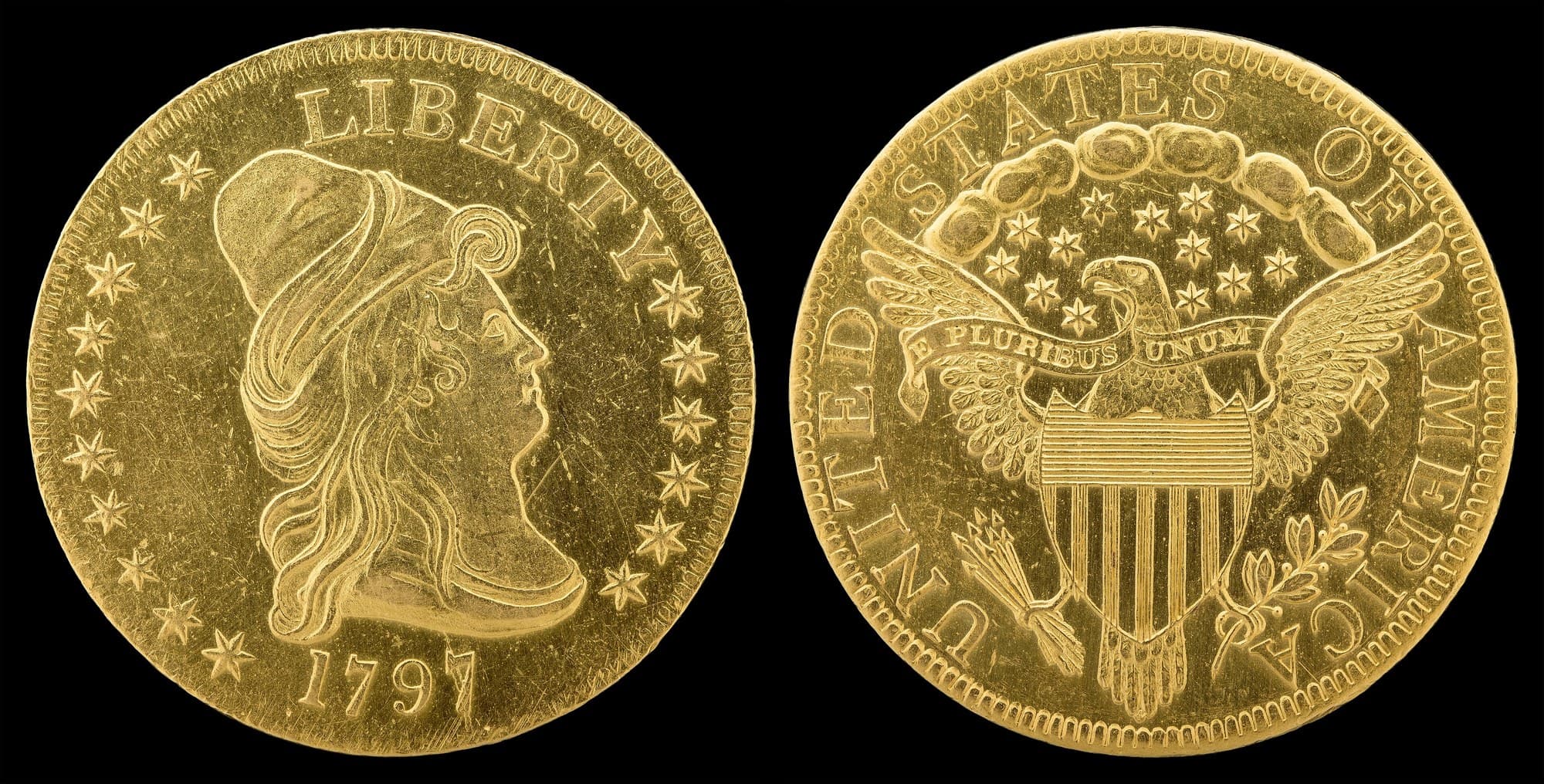 1797 Capped Bust eagle with heraldic eagle, obverse and reverse. National Numismatic Collection.