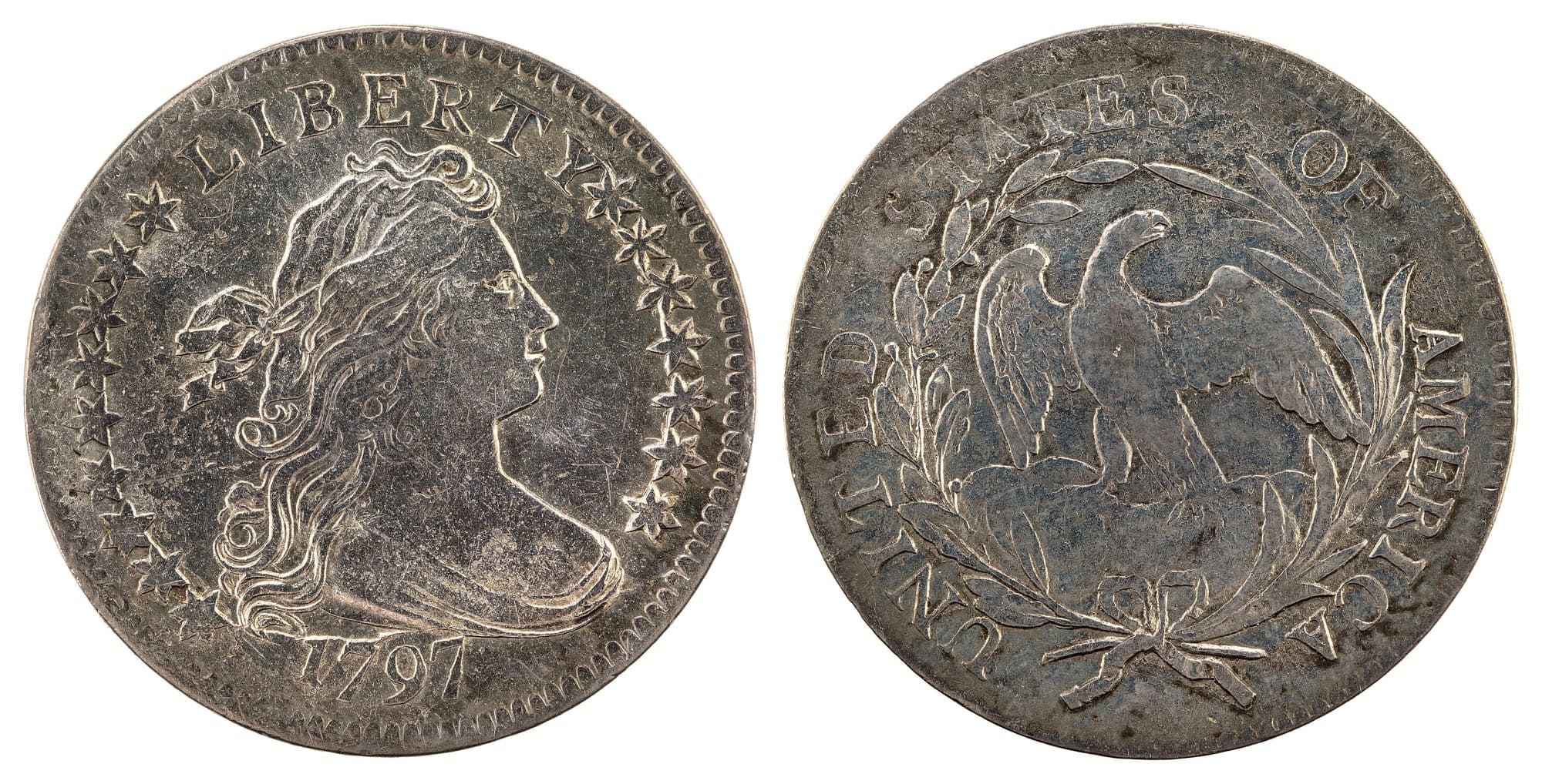 1797 Draped Bust dime with small eagle, obverse and reverse. National Numismatic Collection.