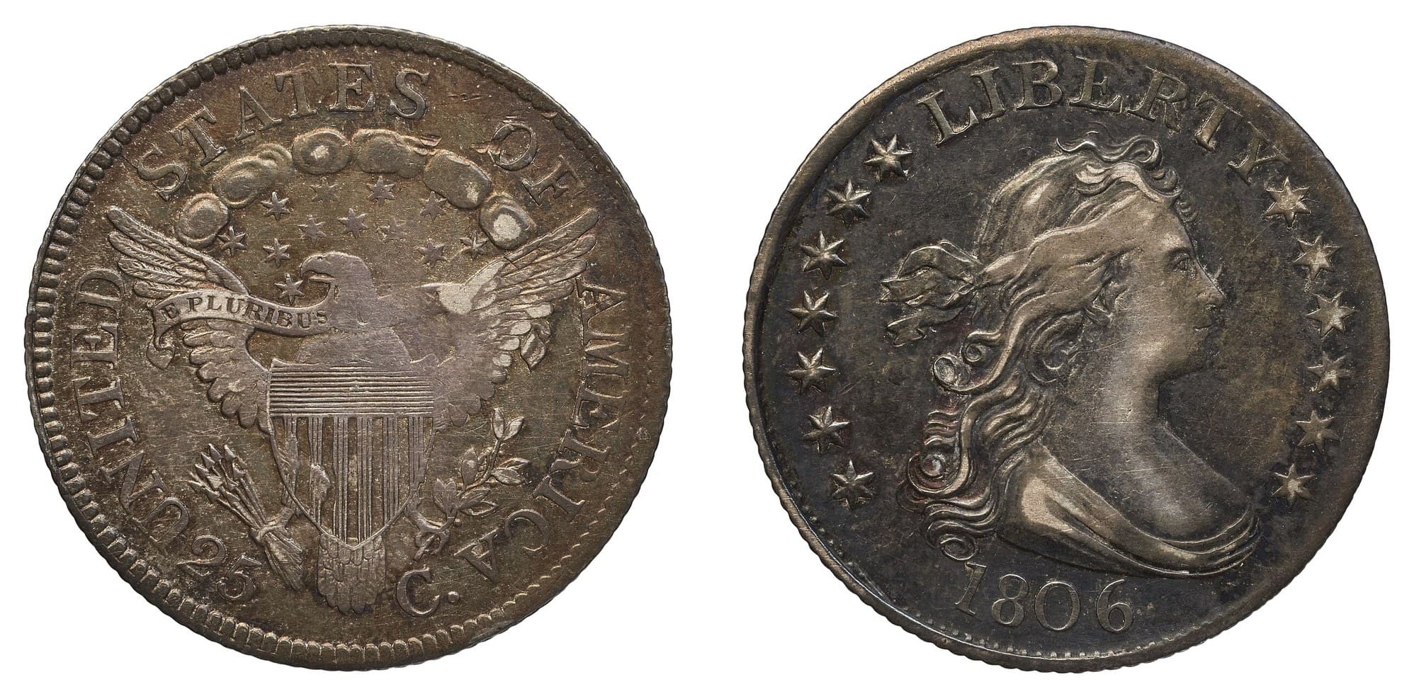 1806 Draped Bust quarter with heraldic eagle, obverse and reverse.