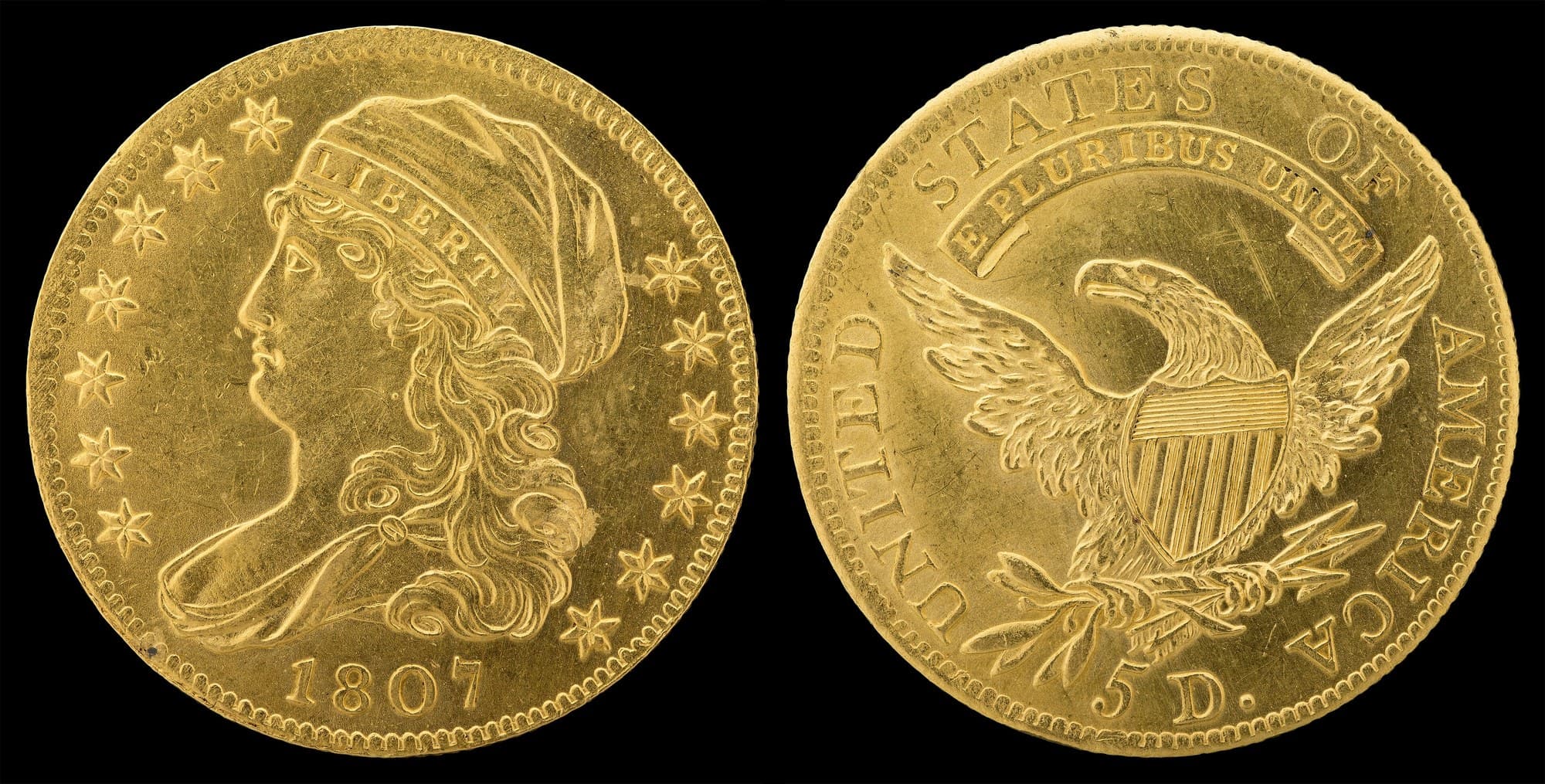 1807 Capped Bust half eagle facing left, obverse and reverse. National Numismatic Collection.
