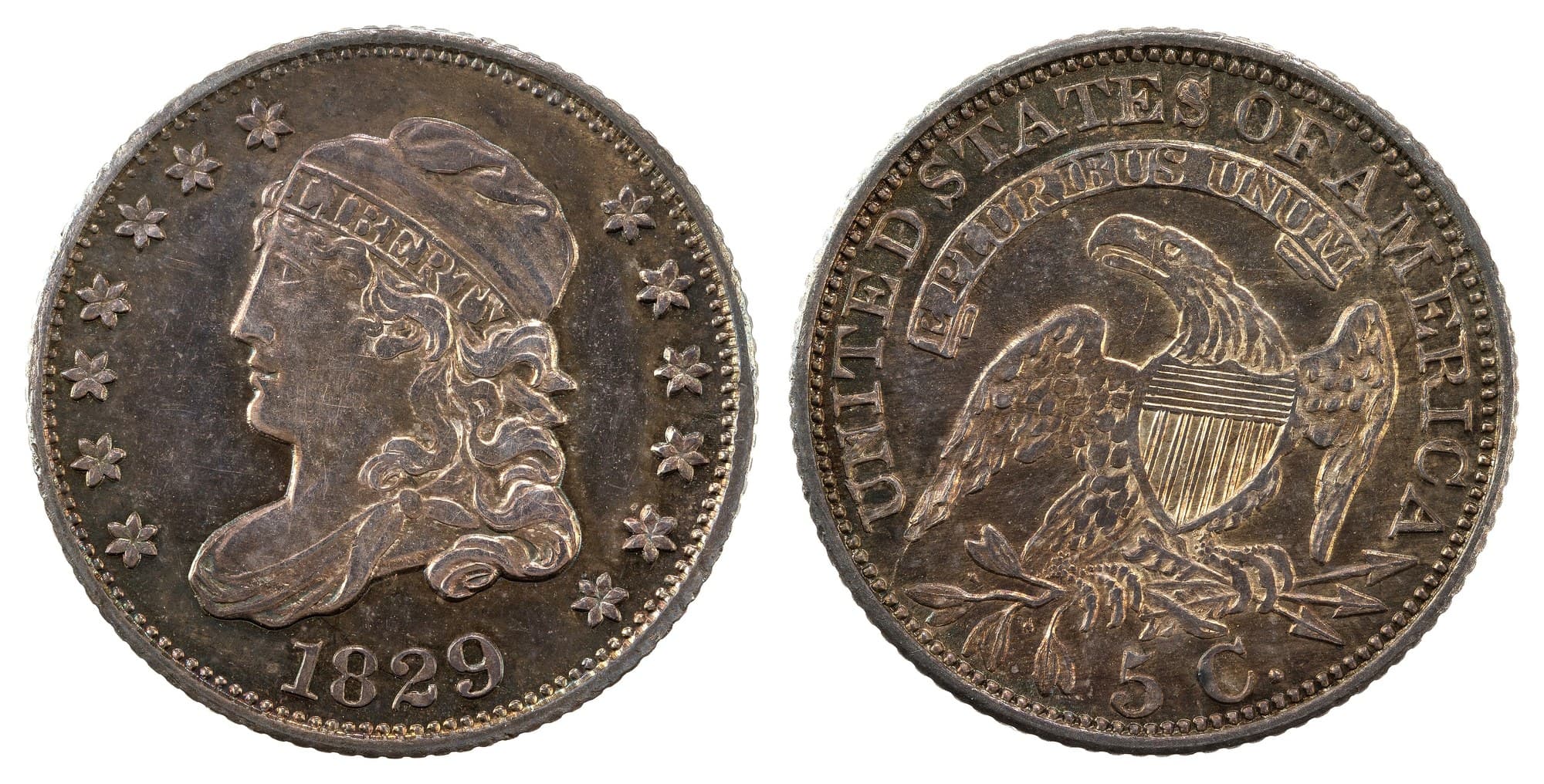 1829 Capped Bust half dime, obverse and reverse. National Numismatic Collection.