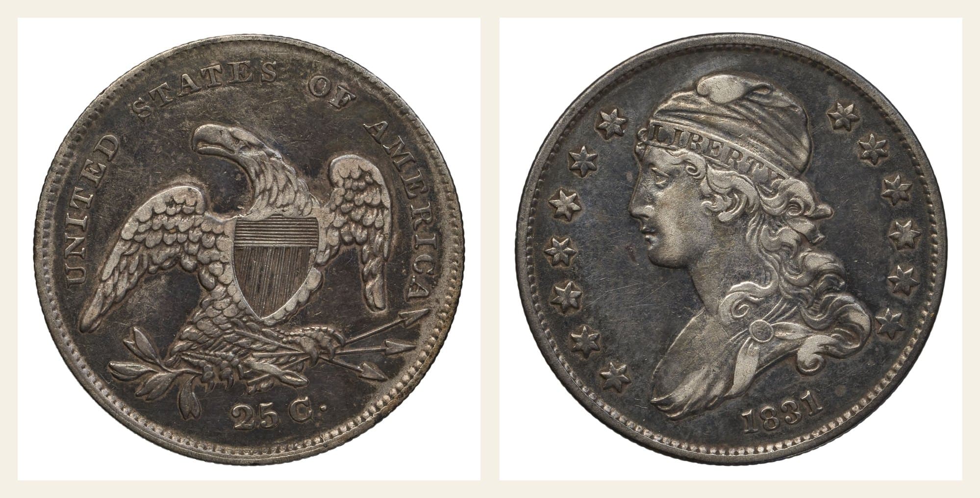 1831 Capped Bust quarter, obverse and reverse.