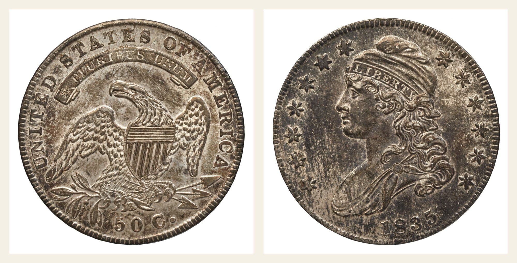 1835 lettered-edge Capped Bust half dollar, obverse and reverse.