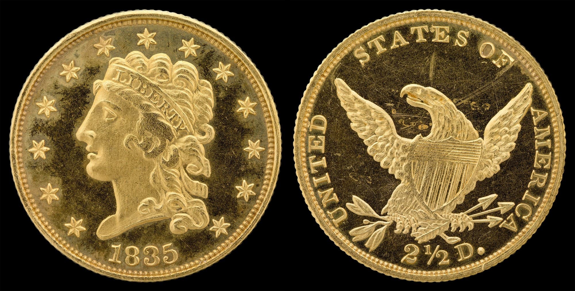 1835 Classic Head quarter eagle, obverse and reverse. National Numismatic Collection.