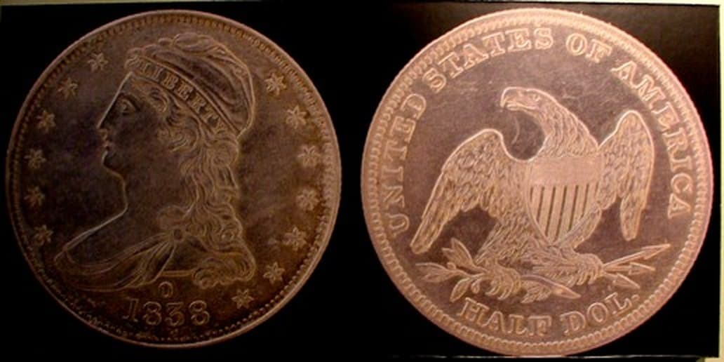 1838-O reeded-edge Capped Bust half dollar, obverse and reverse, HALF DOL. under the eagle.