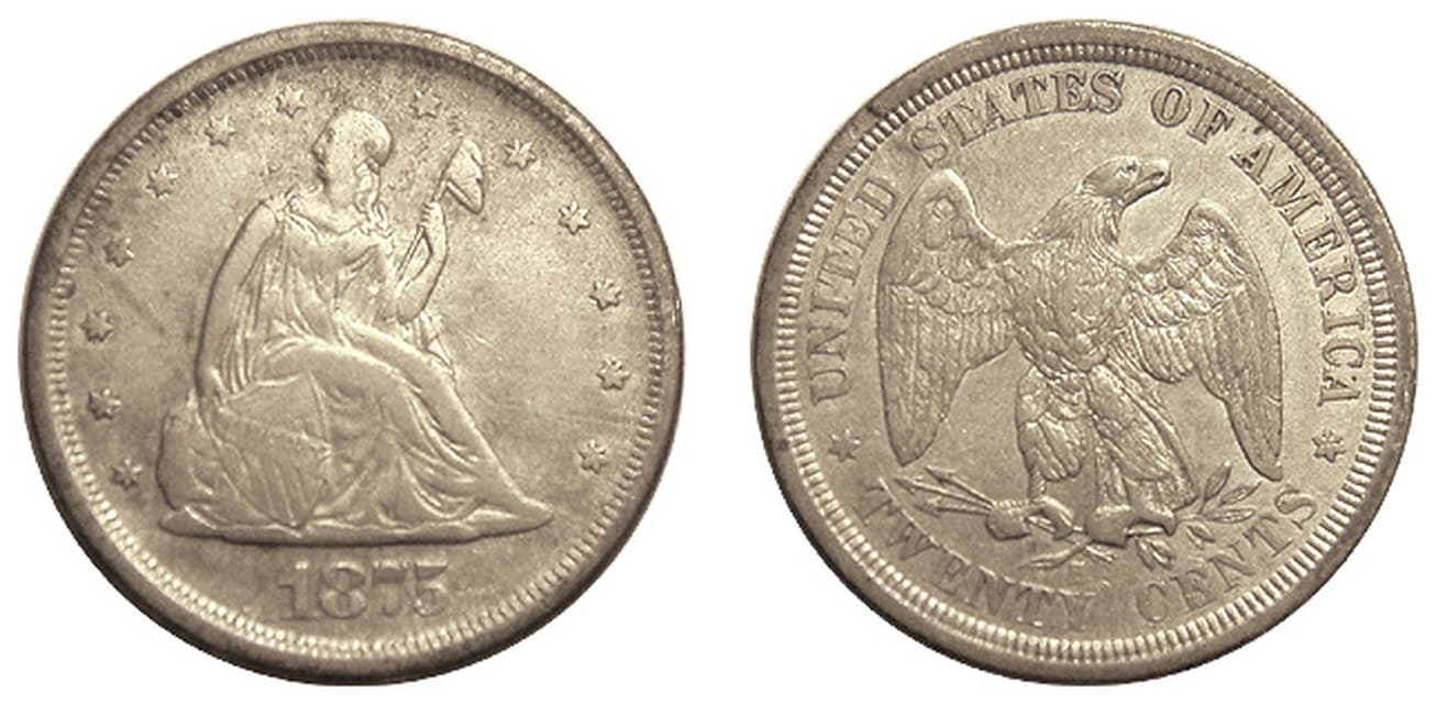 1875 twenty-cent piece, obverse and reverse.