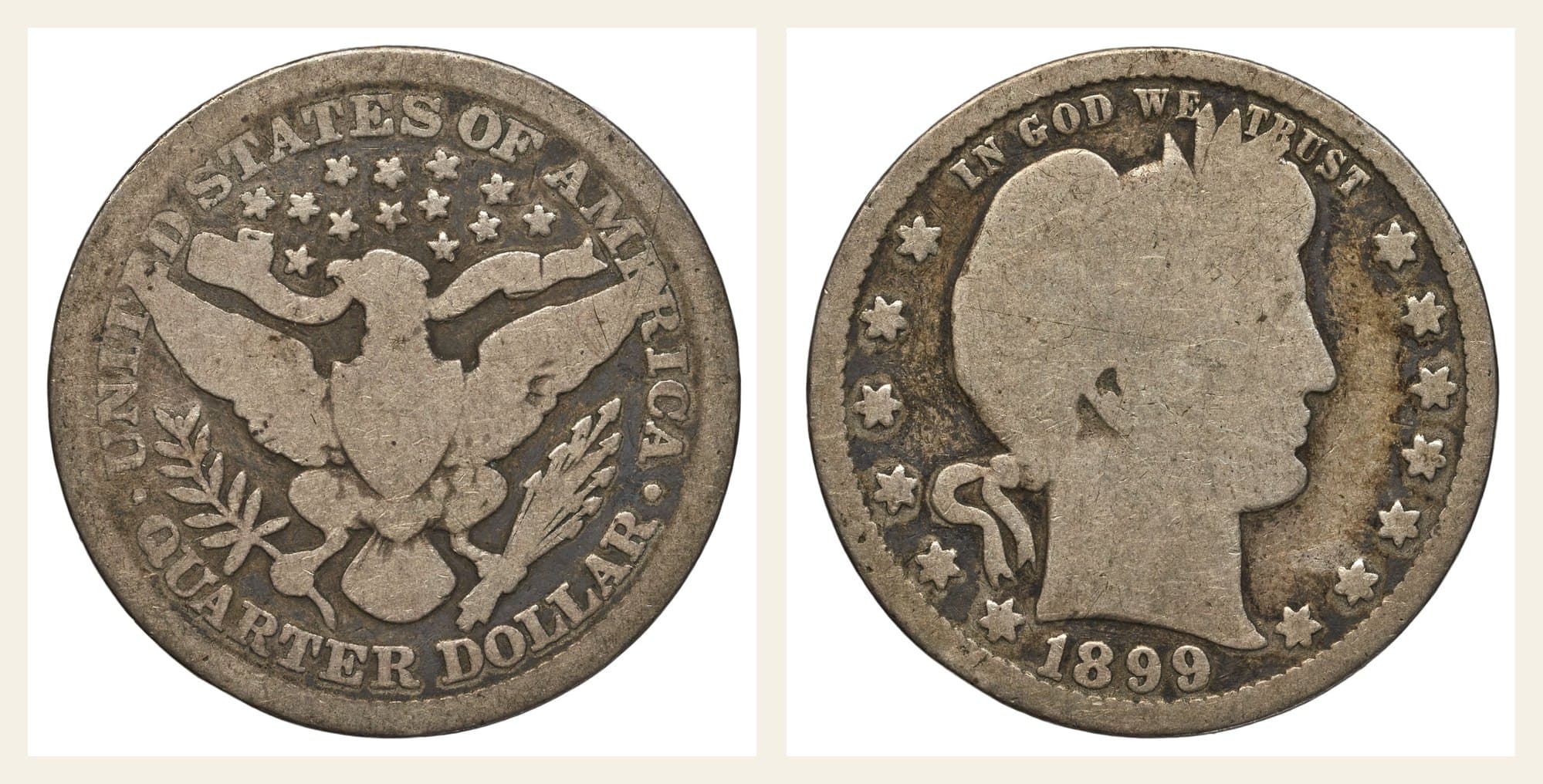 1899 Barber quarter, obverse and reverse.