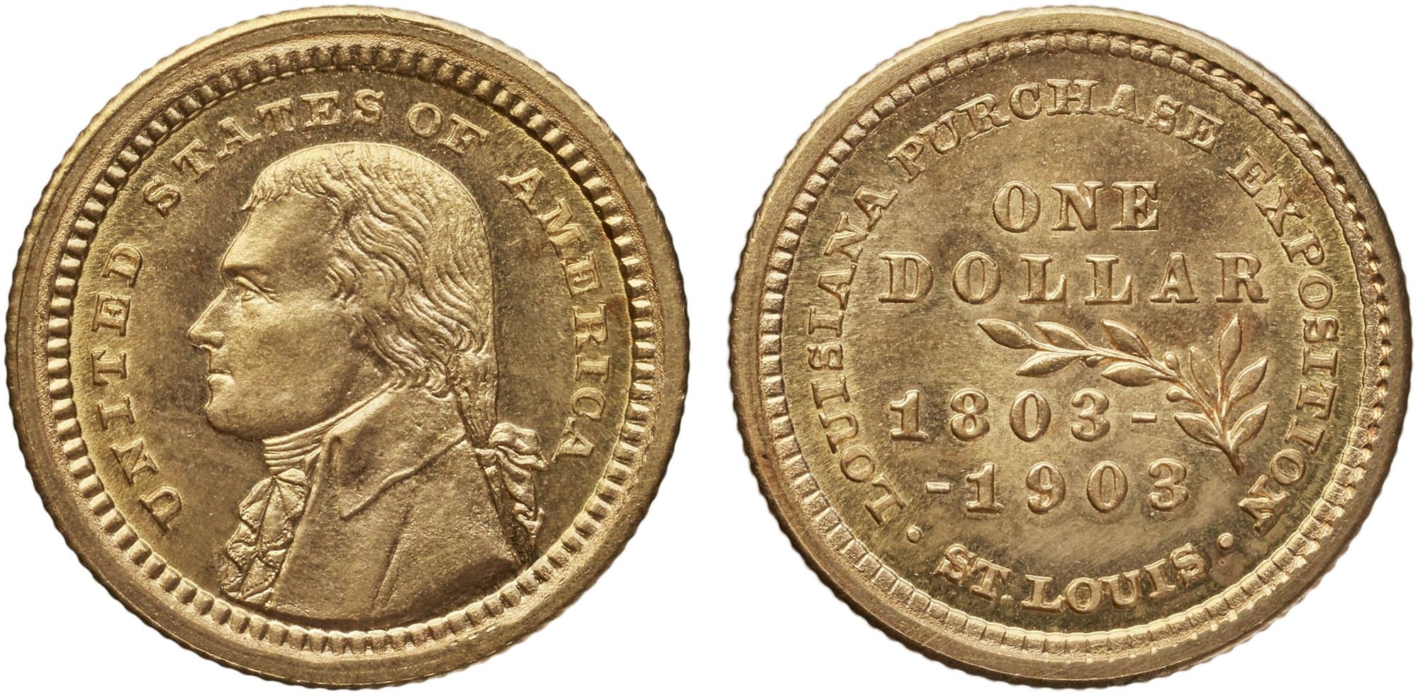 1903 Louisiana Purchase gold dollar, Jefferson, obverse and reverse.