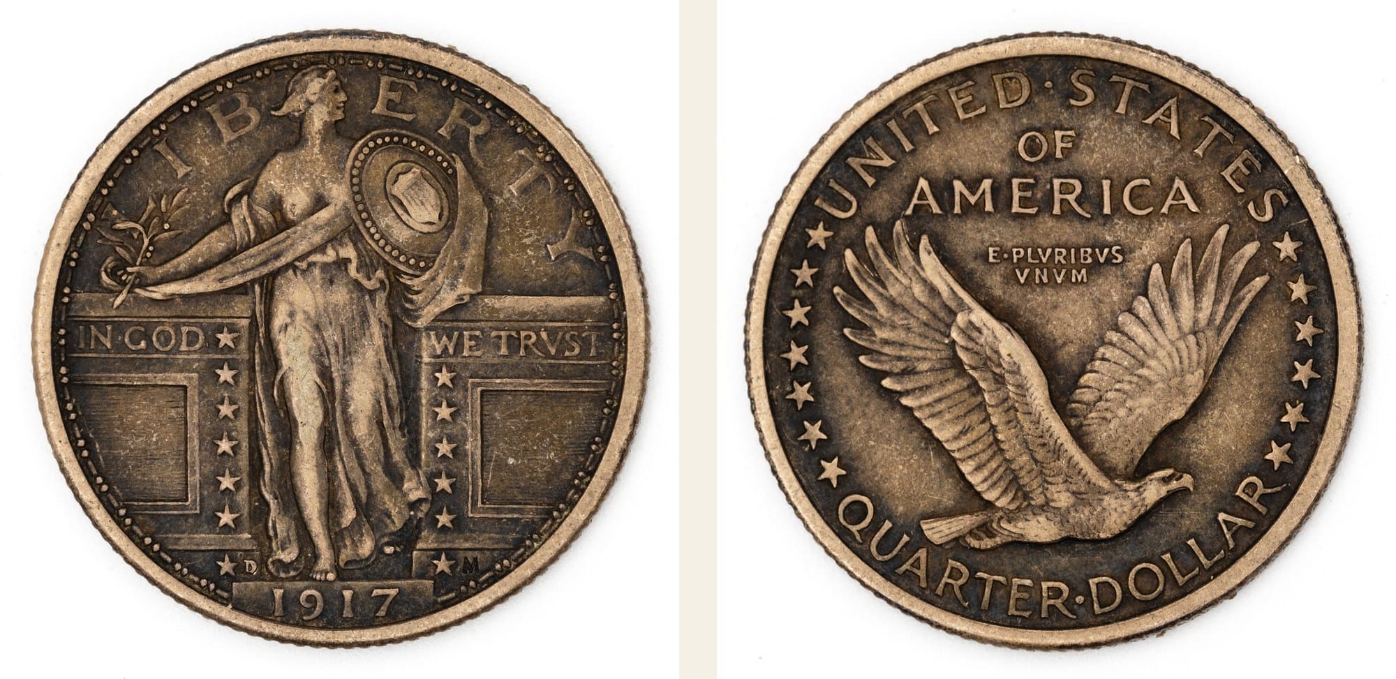 1917 Standing Liberty quarter, Type 2, obverse and reverse.