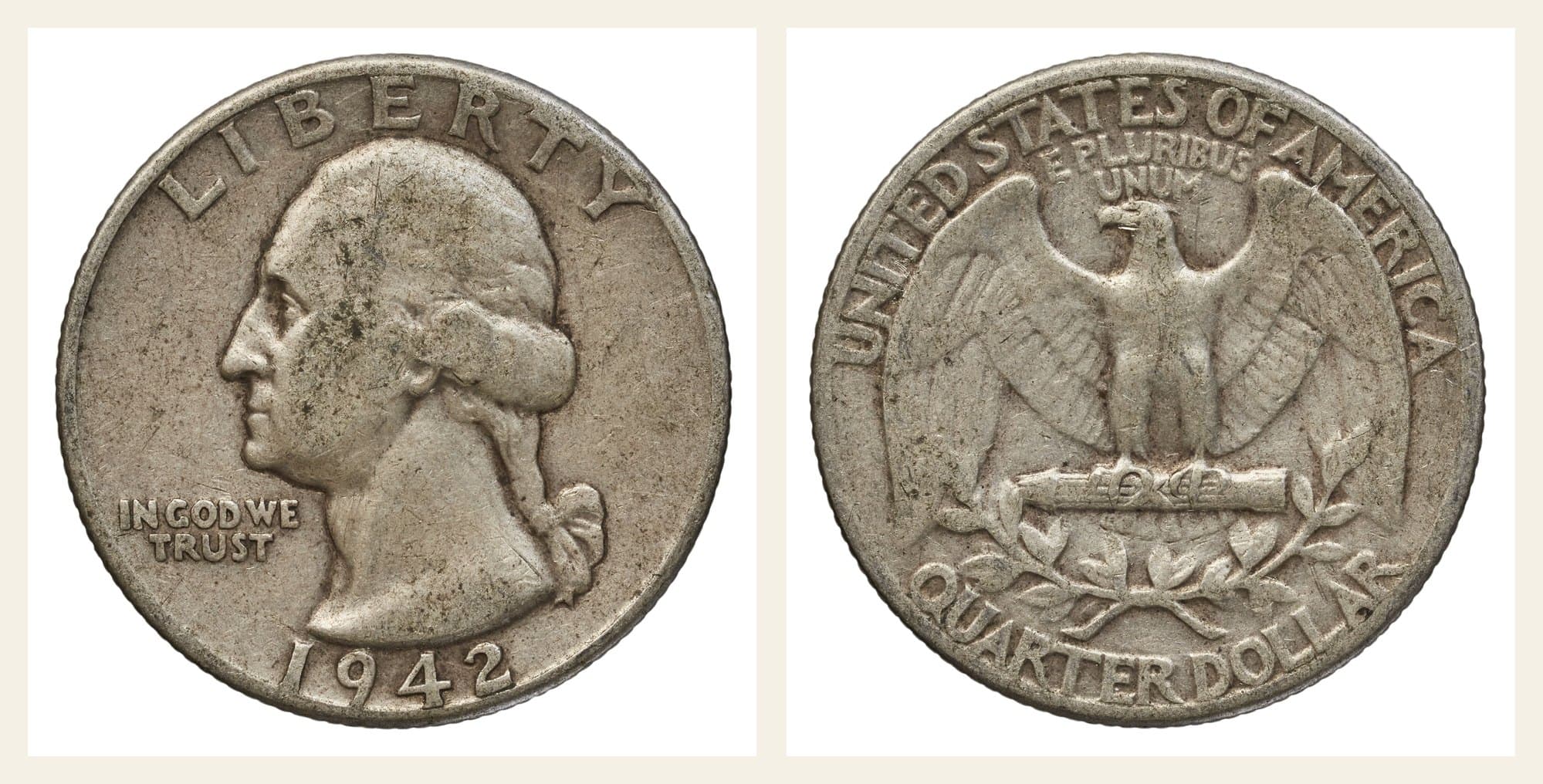 1942 Philadelphia Washington quarter, obverse and reverse.