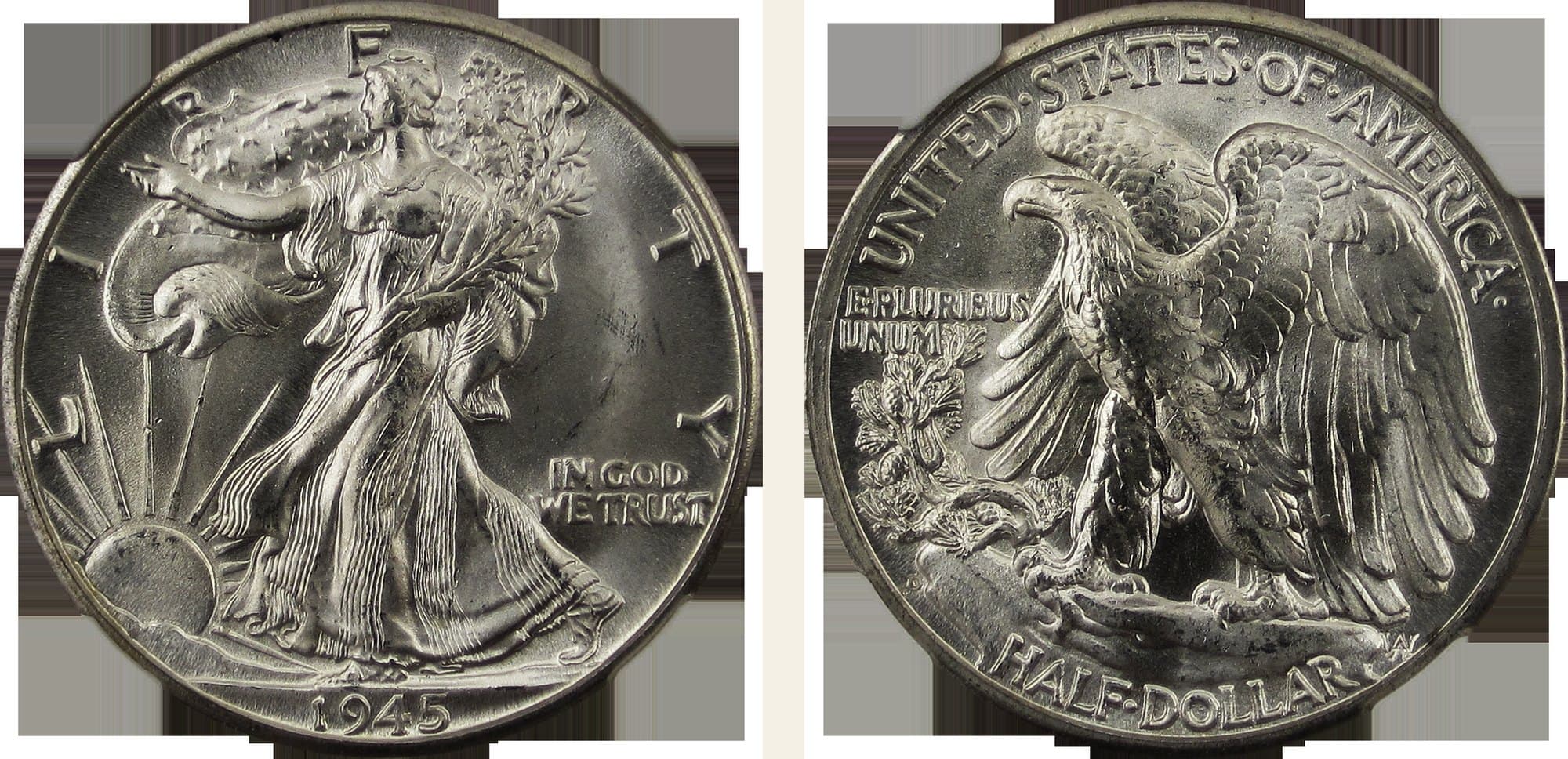 1945-D Walking Liberty half dollar, obverse and reverse.
