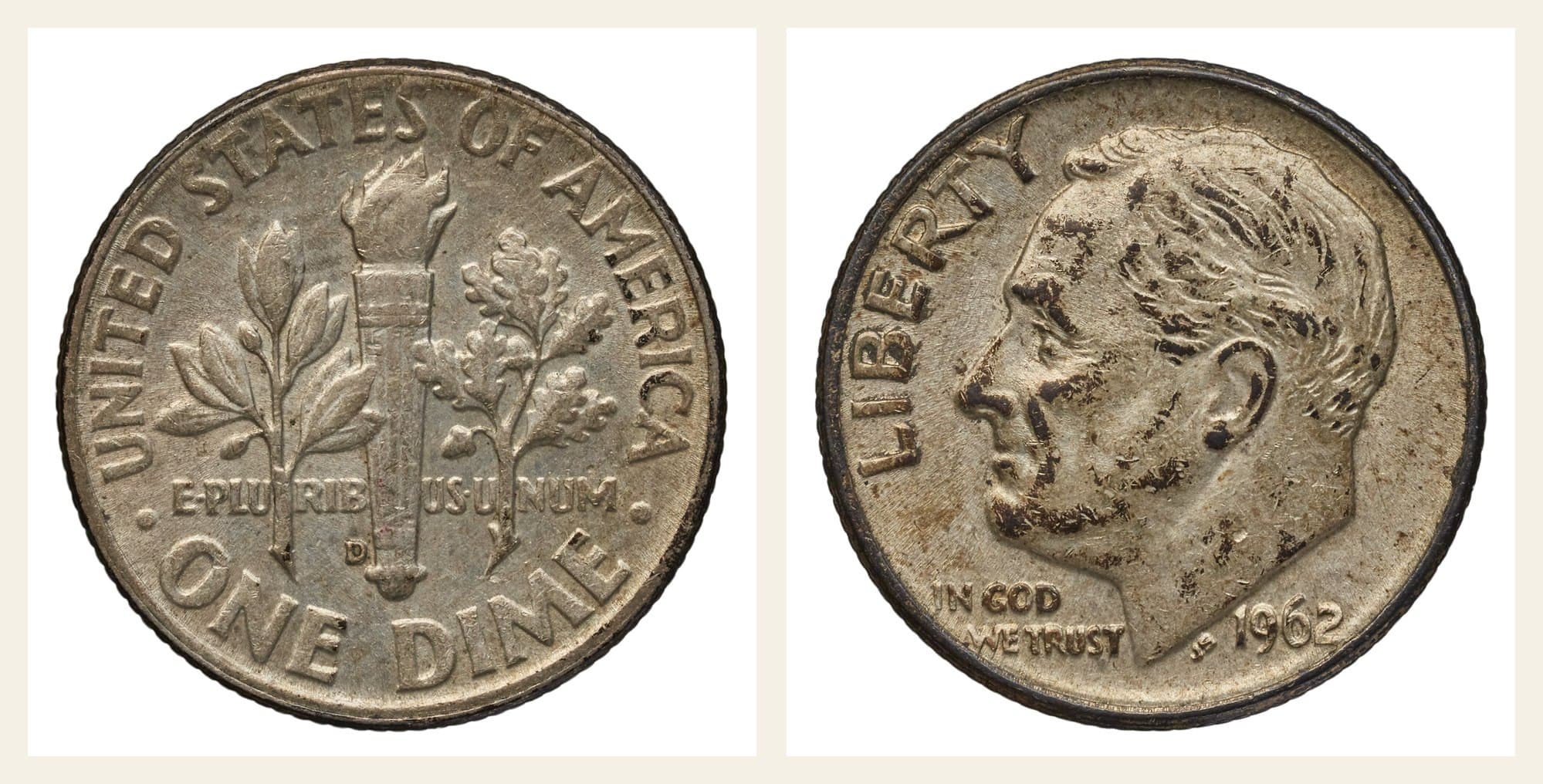 1962 Roosevelt dime, obverse and reverse.