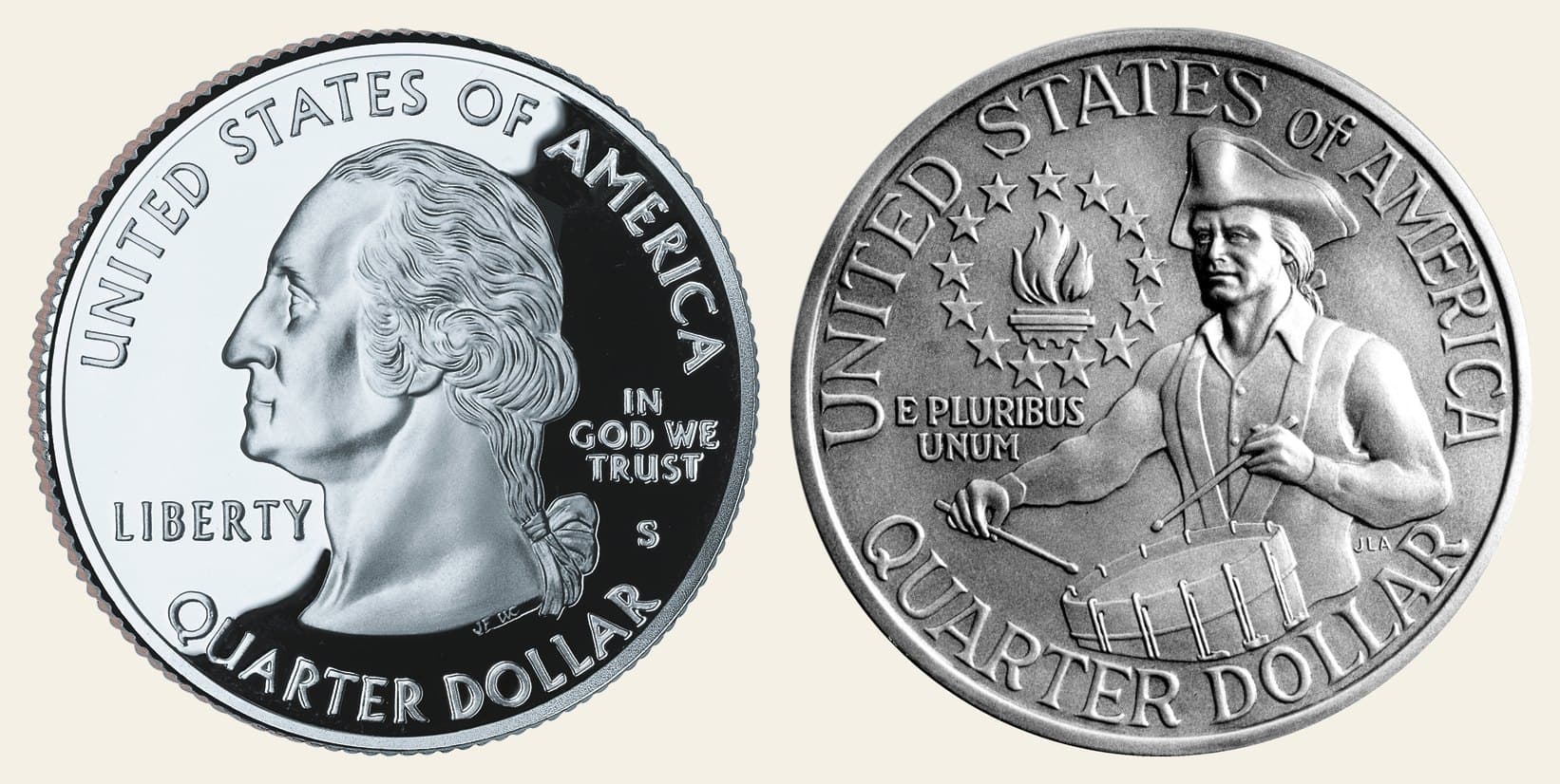 1776-1976 Bicentennial Washington quarter, obverse and drummer reverse.