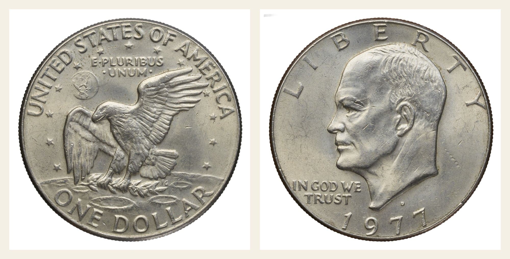 1977-D clad Eisenhower dollar, obverse and reverse.