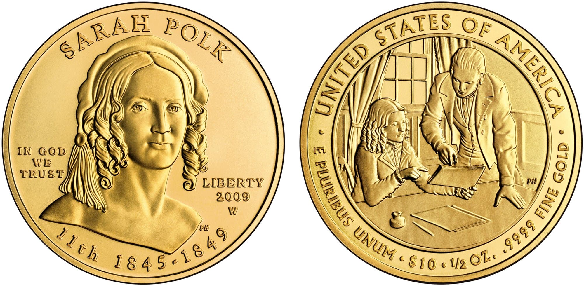 2009 Sarah Polk First Spouse gold coin, obverse and reverse.