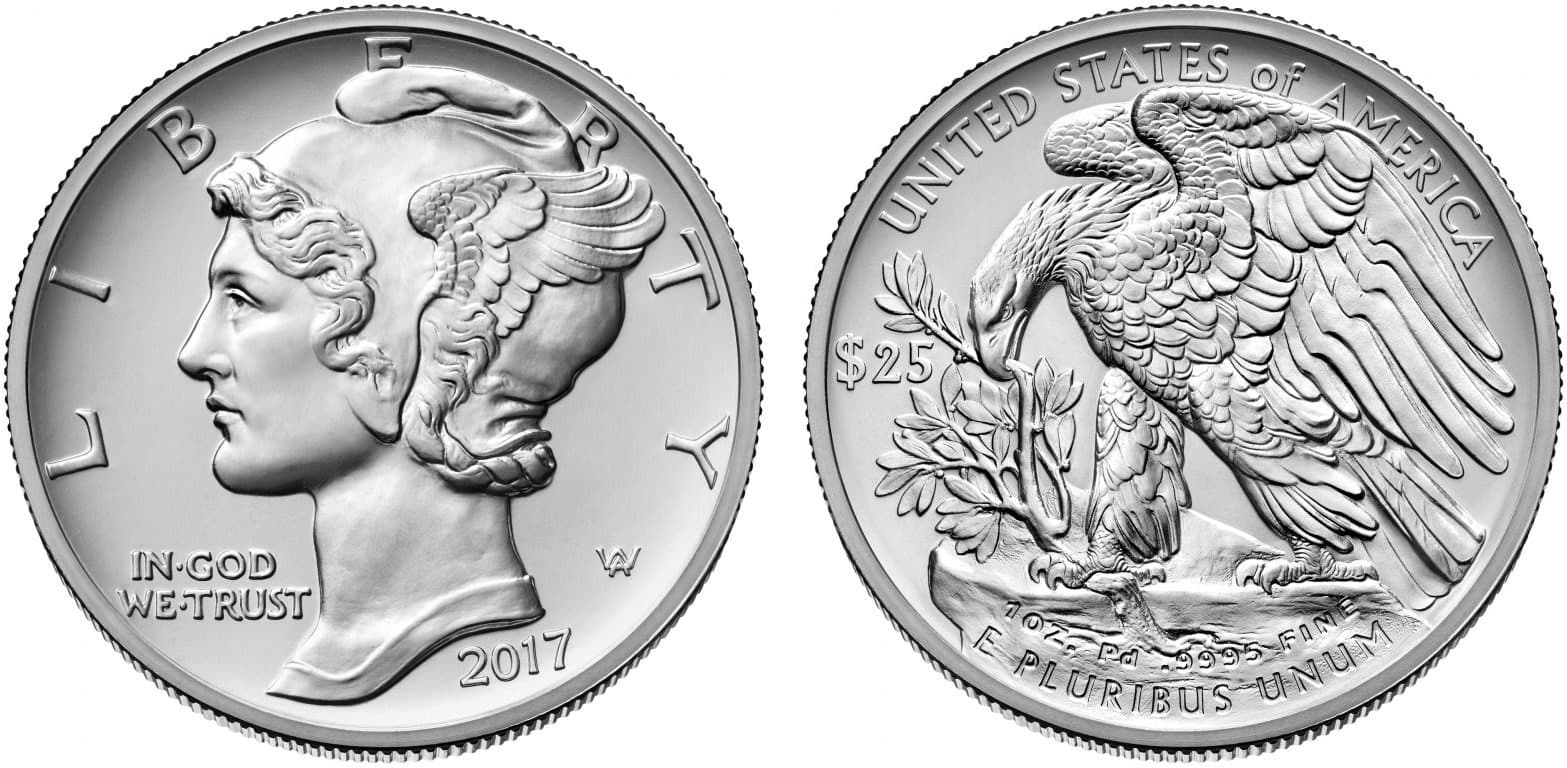 2017 American Palladium Eagle, obverse and reverse.