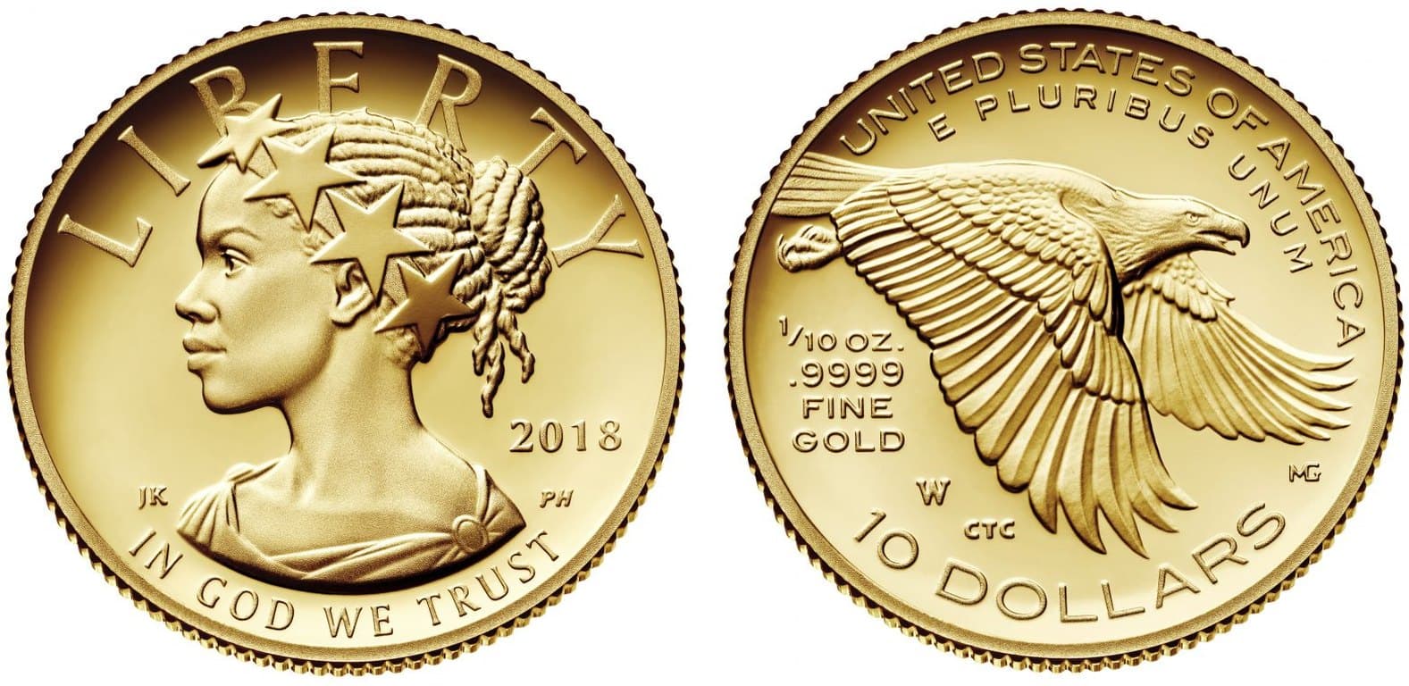 2018 American Liberty tenth-ounce gold coin, obverse and reverse.