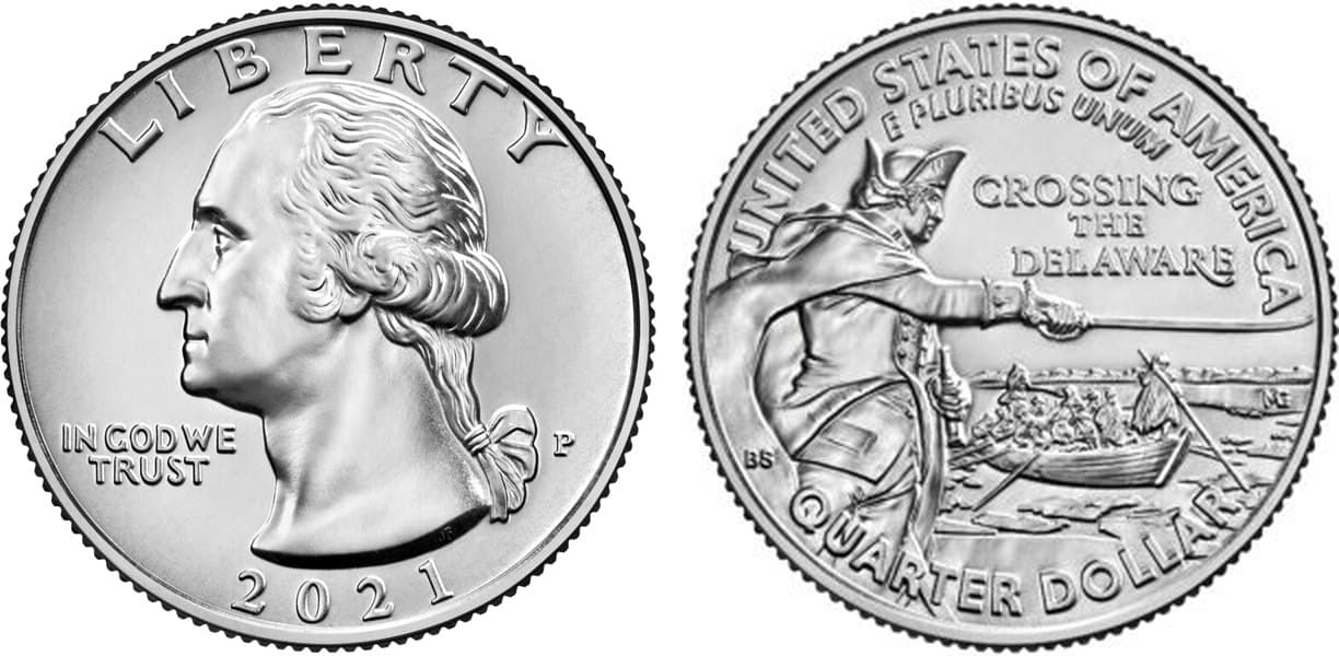 2021-P Crossing the Delaware quarter obverse and the crossing reverse.