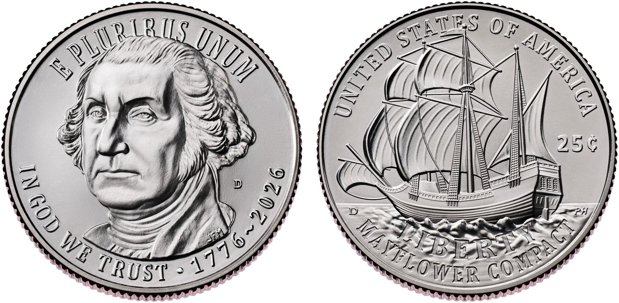 2026 Revolutionary War quarter obverse and Mayflower Compact quarter reverse.