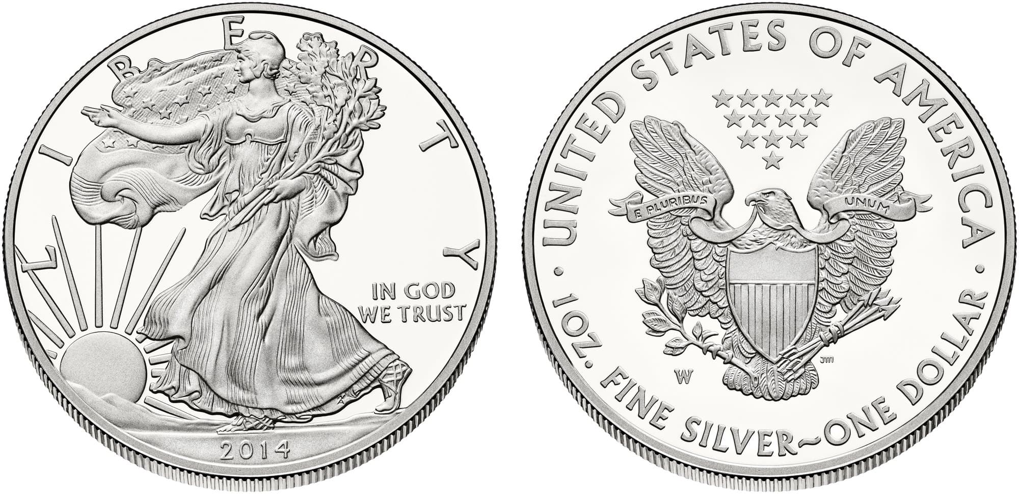 American Silver Eagle Type 1, one ounce, obverse and reverse.