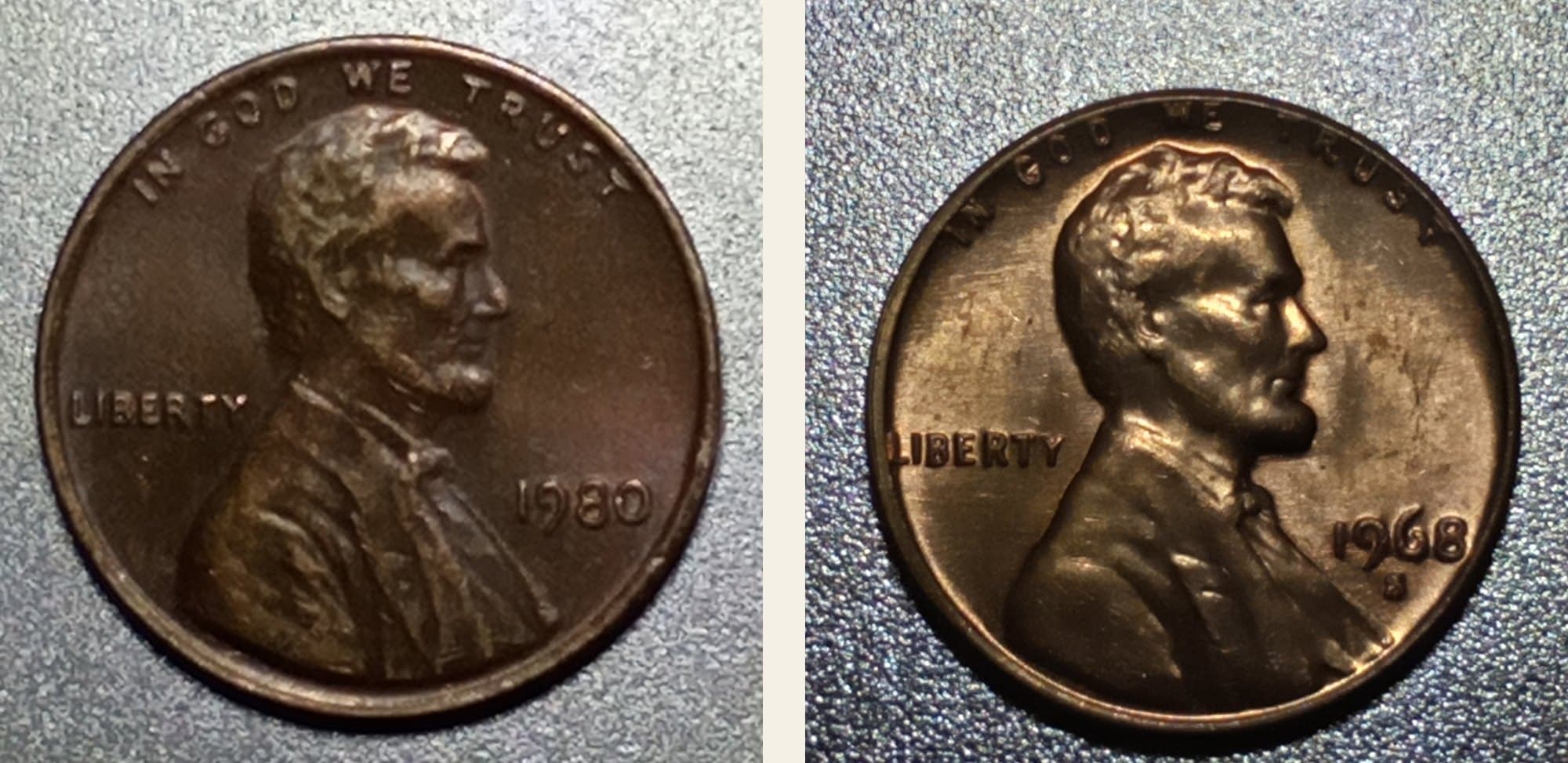Lincoln Memorial cent, 1980 obverse and 1968-S reverse.