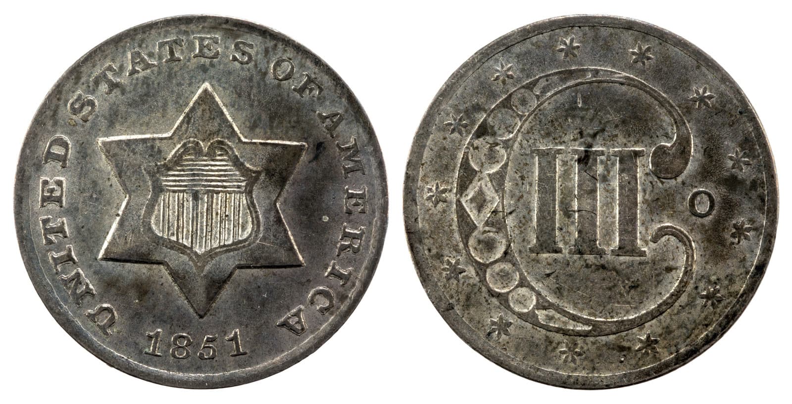1851 three-cent silver, Type 1, obverse and reverse. National Numismatic Collection.