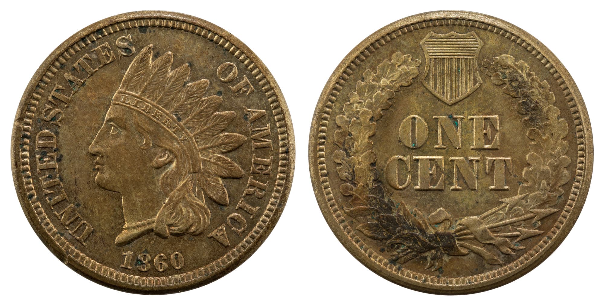 1860 Indian Head cent with oak wreath and shield, obverse and reverse. National Numismatic Collection.