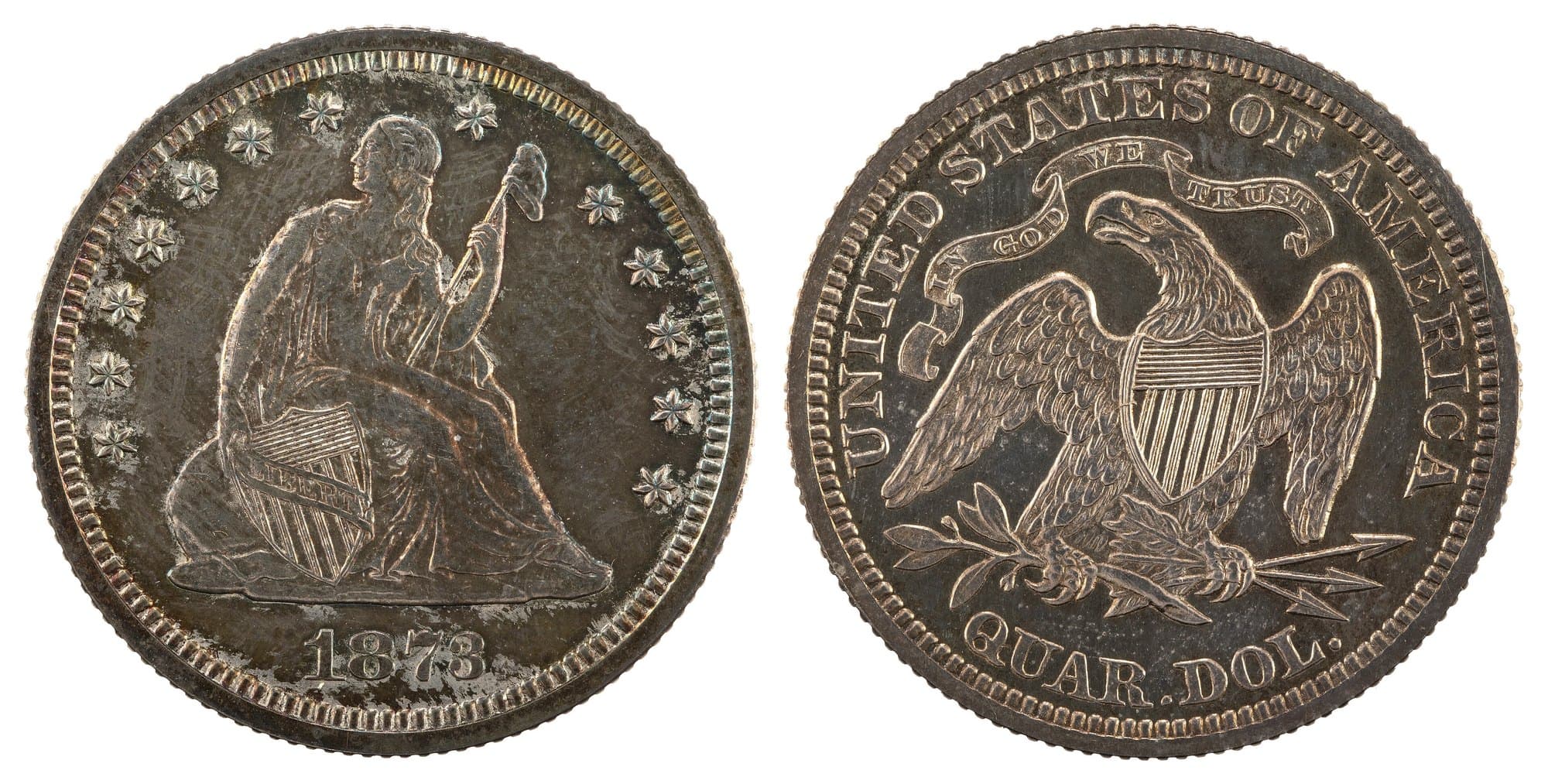 1873 Seated Liberty quarter without arrows, obverse and reverse. National Numismatic Collection.