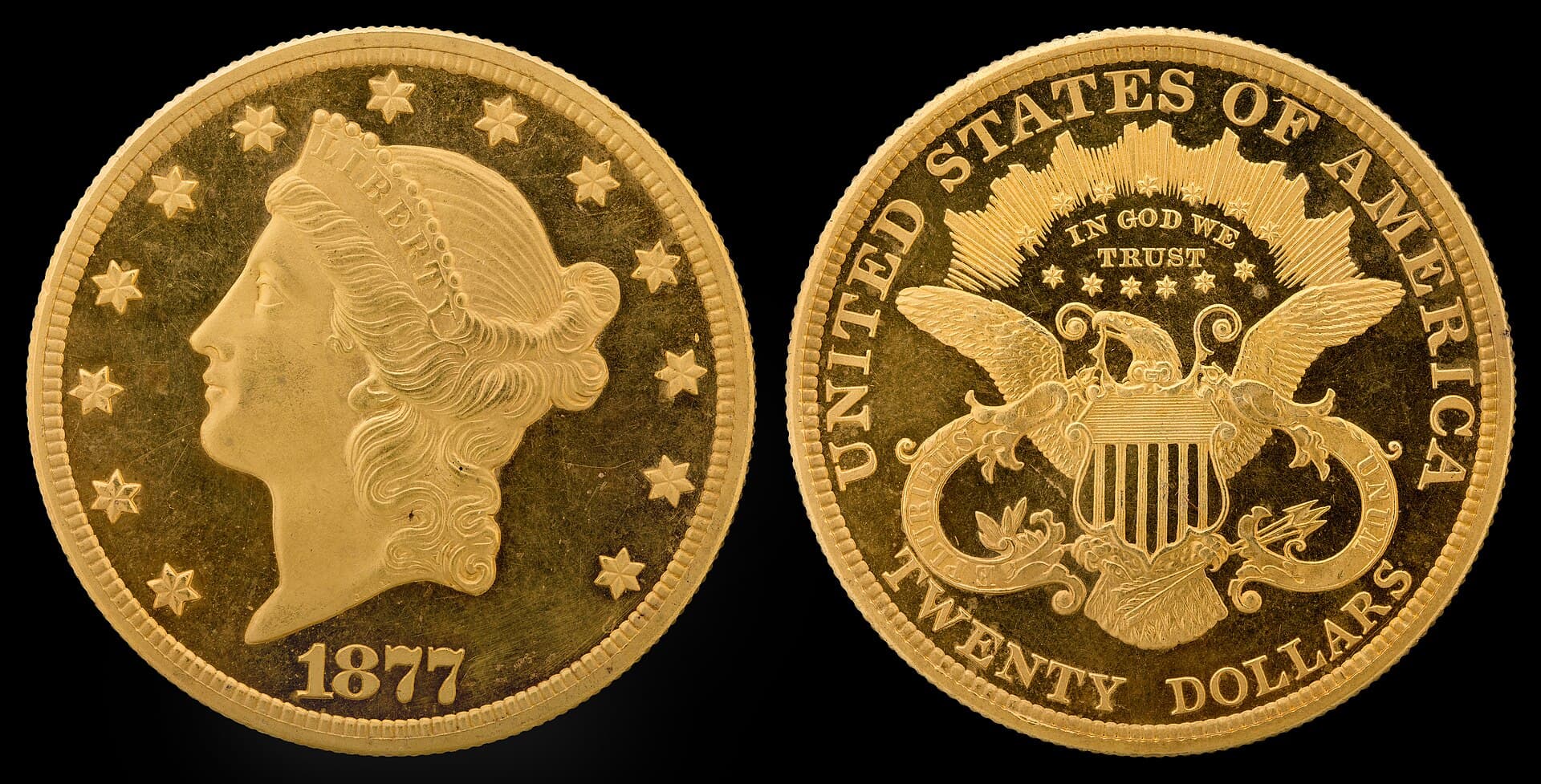 1877 Liberty Head double eagle with motto, obverse and reverse. National Numismatic Collection.