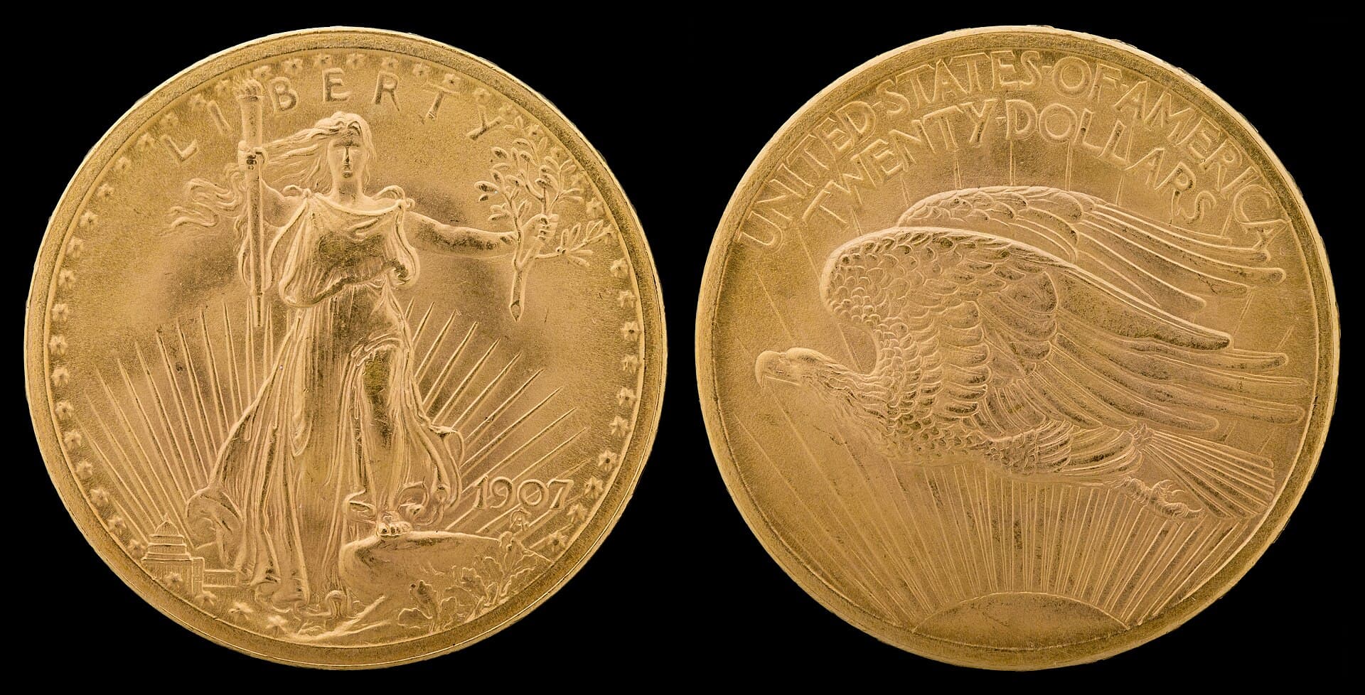 1907 Saint-Gaudens double eagle with Arabic date, obverse and reverse. National Numismatic Collection.