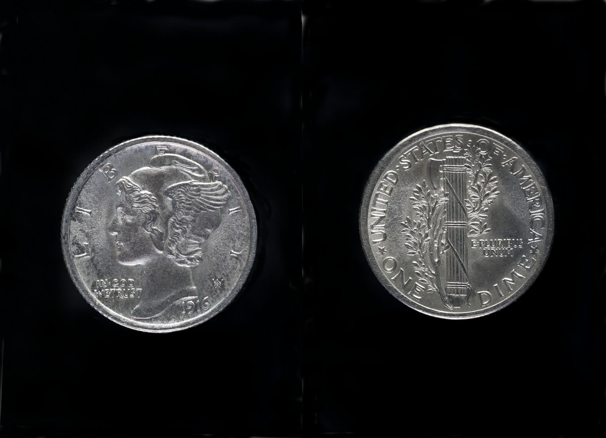 1916 Mercury dime, obverse and reverse. National Numismatic Collection.